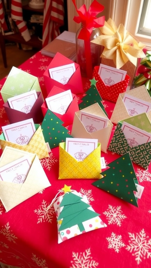 A variety of creative Christmas gift card holders including envelopes, paper crafts, and fabric pouches on a festive table.